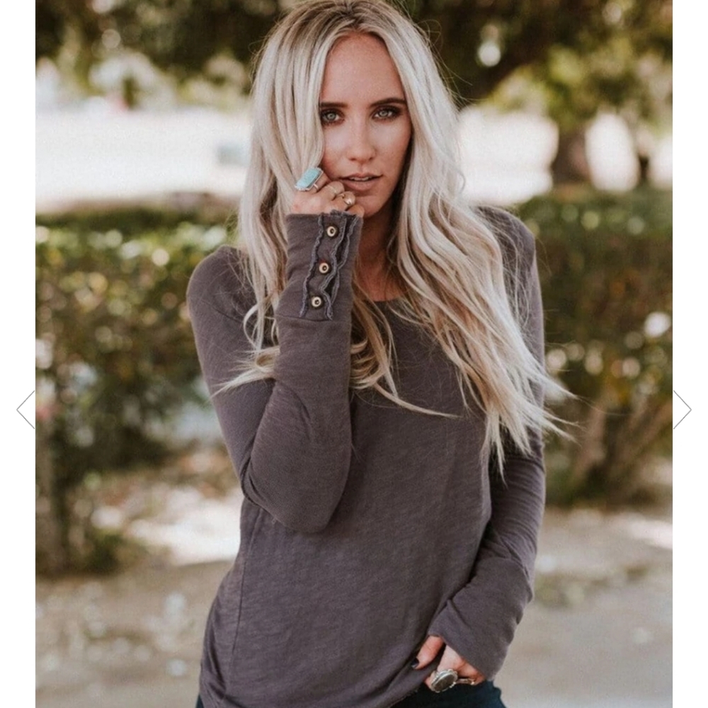 Three Bird Nest Boho Long Sleeved Button Cuff Henley